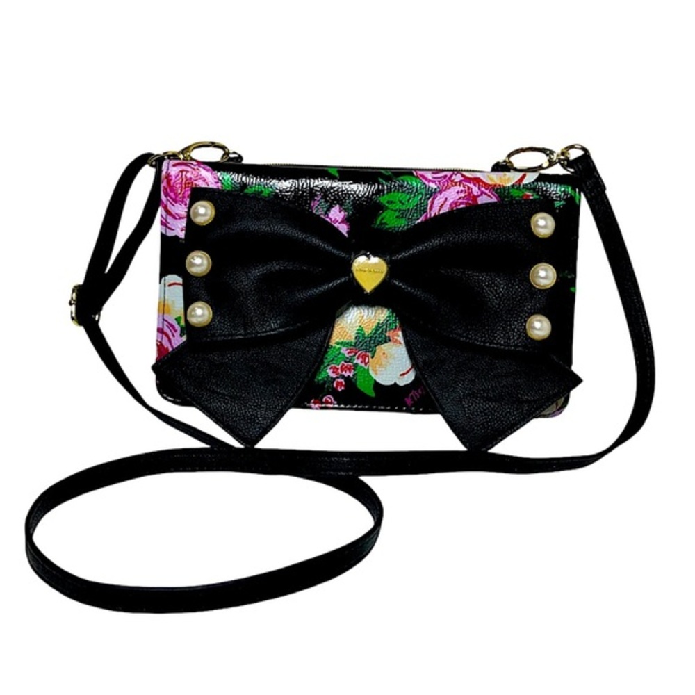 Betsey Johnson Faux Leather Romantic Floral Multi Pockets Crossbody Purse